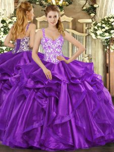 Excellent Eggplant Purple Ball Gowns Straps Sleeveless Organza Floor Length Lace Up Beading and Appliques and Ruffles Sweet 16 Dresses