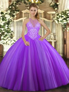 Floor Length Lavender Quinceanera Dresses Tulle Sleeveless Beading