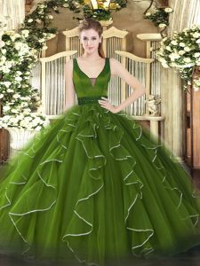 Hot Sale Olive Green Tulle Lace Up Straps Sleeveless Floor Length Vestidos de Quinceanera Beading and Ruffles