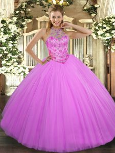 Amazing Floor Length Lace Up Sweet 16 Dresses Lilac for Military Ball and Sweet 16 and Quinceanera with Beading