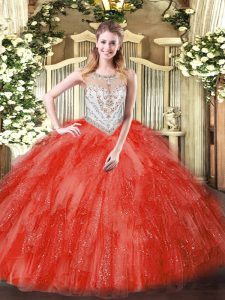 Chic Coral Red Tulle Zipper Scoop Sleeveless Floor Length Sweet 16 Dresses Beading and Ruffles