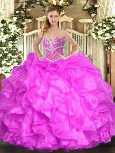 Organza Sweetheart Sleeveless Lace Up Beading and Ruffles 15 Quinceanera Dress in Fuchsia