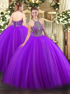 Purple Halter Top Neckline Beading Quinceanera Dresses Sleeveless Lace Up