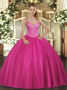 Fuchsia Sleeveless Tulle Lace Up 15 Quinceanera Dress for Military Ball and Sweet 16 and Quinceanera