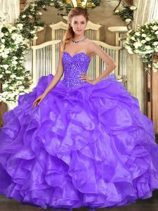Custom Made Lavender Sweetheart Neckline Beading and Ruffles Quince Ball Gowns Sleeveless Lace Up