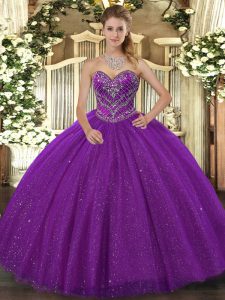 Flare Tulle Sweetheart Sleeveless Lace Up Beading Ball Gown Prom Dress in Purple