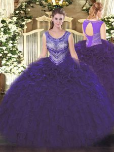 Purple Lace Up Quinceanera Dresses Beading and Ruffles Sleeveless Floor Length