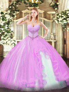 Trendy Lilac Sweetheart Neckline Beading and Ruffles Sweet 16 Dresses Sleeveless Lace Up