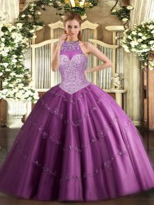 Traditional Sleeveless Floor Length Beading and Appliques Lace Up 15th Birthday Dress with Fuchsia