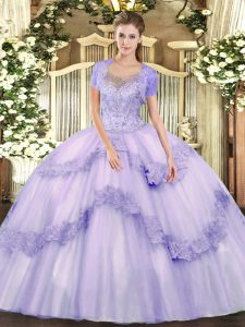 Beautiful Lavender Ball Gowns Tulle Scoop Sleeveless Beading and Appliques Floor Length Clasp Handle 15 Quinceanera Dress