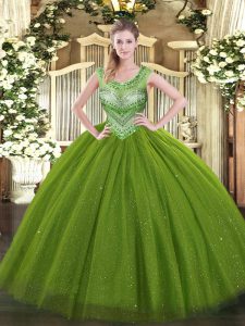 Olive Green Tulle and Sequined Lace Up Sweet 16 Dresses Sleeveless Floor Length Beading