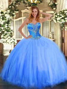 Hot Sale Sleeveless Floor Length Beading Lace Up Sweet 16 Dress with Blue