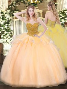 Orange Red Ball Gowns Sweetheart Sleeveless Organza Floor Length Lace Up Beading Sweet 16 Dresses