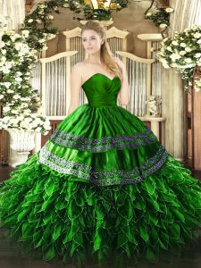 Amazing Green Ball Gown Prom Dress Military Ball and Sweet 16 and Quinceanera with Embroidery and Ruffles Sweetheart Sleeveless Zipper