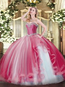 Coral Red Sleeveless Tulle Lace Up Quince Ball Gowns for Sweet 16 and Quinceanera