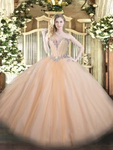 Peach Lace Up Quinceanera Dress Beading Sleeveless Floor Length
