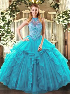 Fitting Sleeveless Organza Floor Length Lace Up Quinceanera Gown in Teal with Beading and Ruffles