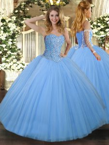 Sleeveless Floor Length Beading Lace Up 15th Birthday Dress with Aqua Blue