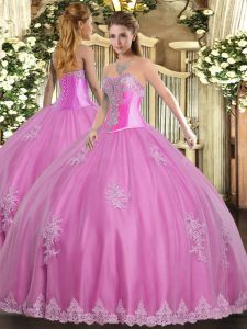 Fabulous Tulle Sweetheart Sleeveless Lace Up Beading and Appliques Quinceanera Dresses in Rose Pink