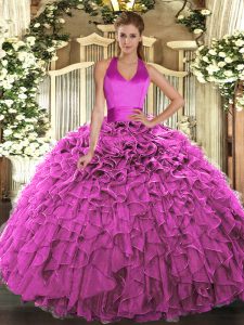 Sumptuous Fuchsia Sleeveless Organza Lace Up Sweet 16 Quinceanera Dress for Military Ball and Sweet 16 and Quinceanera