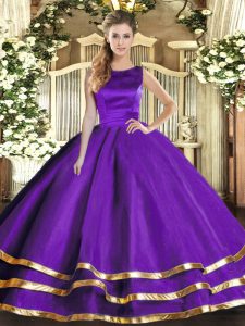 Sleeveless Floor Length Ruffled Layers Lace Up Quince Ball Gowns with Purple
