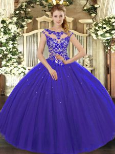 Enchanting Cap Sleeves Tulle Floor Length Lace Up Quinceanera Gowns in Royal Blue with Beading and Appliques