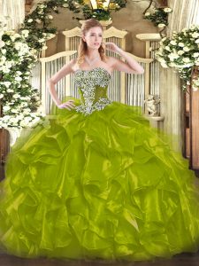 Modest Sleeveless Organza Floor Length Lace Up Quince Ball Gowns in Olive Green with Beading and Ruffles