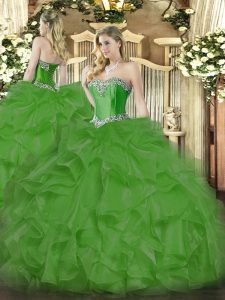 Decent Sleeveless Floor Length Beading and Ruffles Lace Up Military Ball Dresses For Women with Green