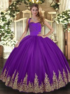Spectacular Purple Tulle Lace Up Halter Top Sleeveless Floor Length Quince Ball Gowns Appliques