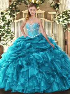 Teal Ball Gowns Organza Sweetheart Sleeveless Beading and Ruffles and Pick Ups Floor Length Lace Up Quinceanera Gowns