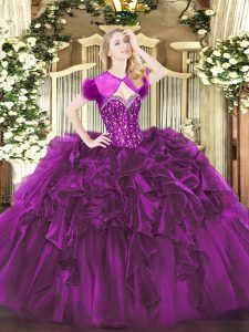 Smart Purple Sleeveless Floor Length Beading and Ruffles Lace Up Sweet 16 Dress