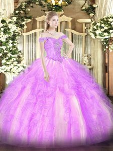 Exquisite Off The Shoulder Sleeveless Sweet 16 Dress Floor Length Beading and Ruffles Lilac Tulle
