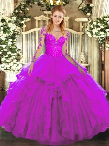 Best Selling Scoop Long Sleeves Tulle Quince Ball Gowns Lace and Ruffles Lace Up