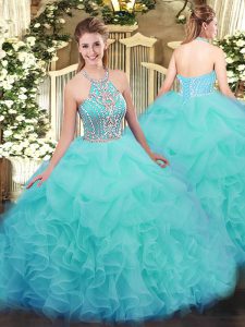 Aqua Blue Ball Gowns Ruffles Ball Gown Prom Dress Lace Up Tulle Sleeveless Floor Length