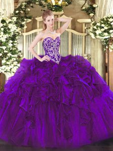 Modest Purple Quinceanera Dress Military Ball and Sweet 16 and Quinceanera with Beading and Ruffles Sweetheart Sleeveless Lace Up