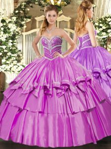 Floor Length Lace Up Quinceanera Gown Lilac for Military Ball and Sweet 16 and Quinceanera with Beading and Ruffled Layers