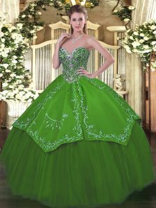 Free and Easy Sleeveless Floor Length Beading and Embroidery Lace Up Quinceanera Gown with Green