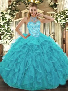 Aqua Blue Ball Gowns Halter Top Sleeveless Organza Floor Length Lace Up Beading and Embroidery and Ruffles Vestidos de Quinceanera