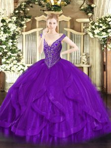 Purple Sleeveless Beading and Ruffles Floor Length Quinceanera Gown