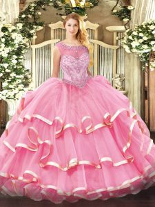Ball Gowns Quince Ball Gowns Rose Pink Scoop Organza Sleeveless Floor Length Zipper