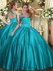 Customized Teal Ball Gowns Ruching Quinceanera Dress Lace Up Satin Sleeveless Floor Length