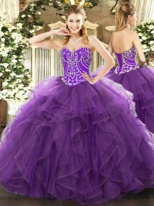 Sophisticated Eggplant Purple Sleeveless Tulle Lace Up Military Ball Dresses for Military Ball and Sweet 16 and Quinceanera