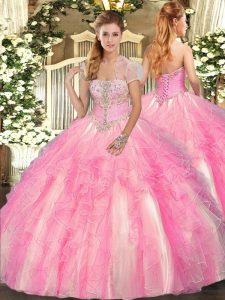 Rose Pink Ball Gowns Appliques and Ruffles Quinceanera Dress Lace Up Tulle Sleeveless Floor Length