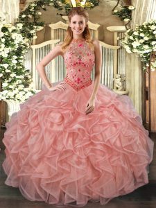 High Class Sleeveless Floor Length Beading and Embroidery and Ruffles Lace Up Sweet 16 Dresses with Peach