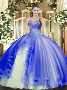 Blue Lace Up Sweetheart Beading and Ruffles Quinceanera Dresses Tulle Sleeveless