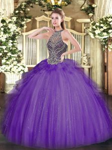 Lavender Halter Top Lace Up Beading Quinceanera Gowns Sleeveless