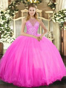 Suitable Rose Pink Halter Top Lace Up Beading Quinceanera Dresses Sleeveless
