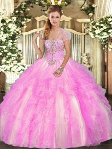 Amazing Sleeveless Floor Length Appliques and Ruffles Lace Up Sweet 16 Quinceanera Dress with Lilac