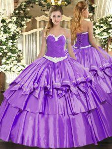 On Sale Floor Length Lace Up Sweet 16 Dress Lavender for Military Ball and Sweet 16 and Quinceanera with Appliques and Ruffled Layers