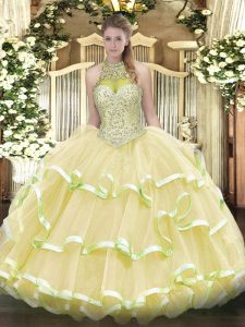 Simple Halter Top Sleeveless Lace Up Quinceanera Dress Light Yellow Organza and Tulle